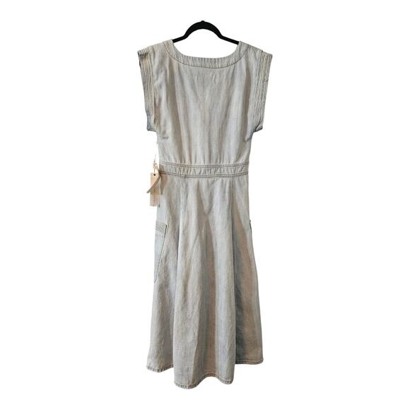 Happy X Nature Kate Hudson NWT Glide Light Wash Denim Midi Dress Size 2 Pockets - Picture 2 of 10